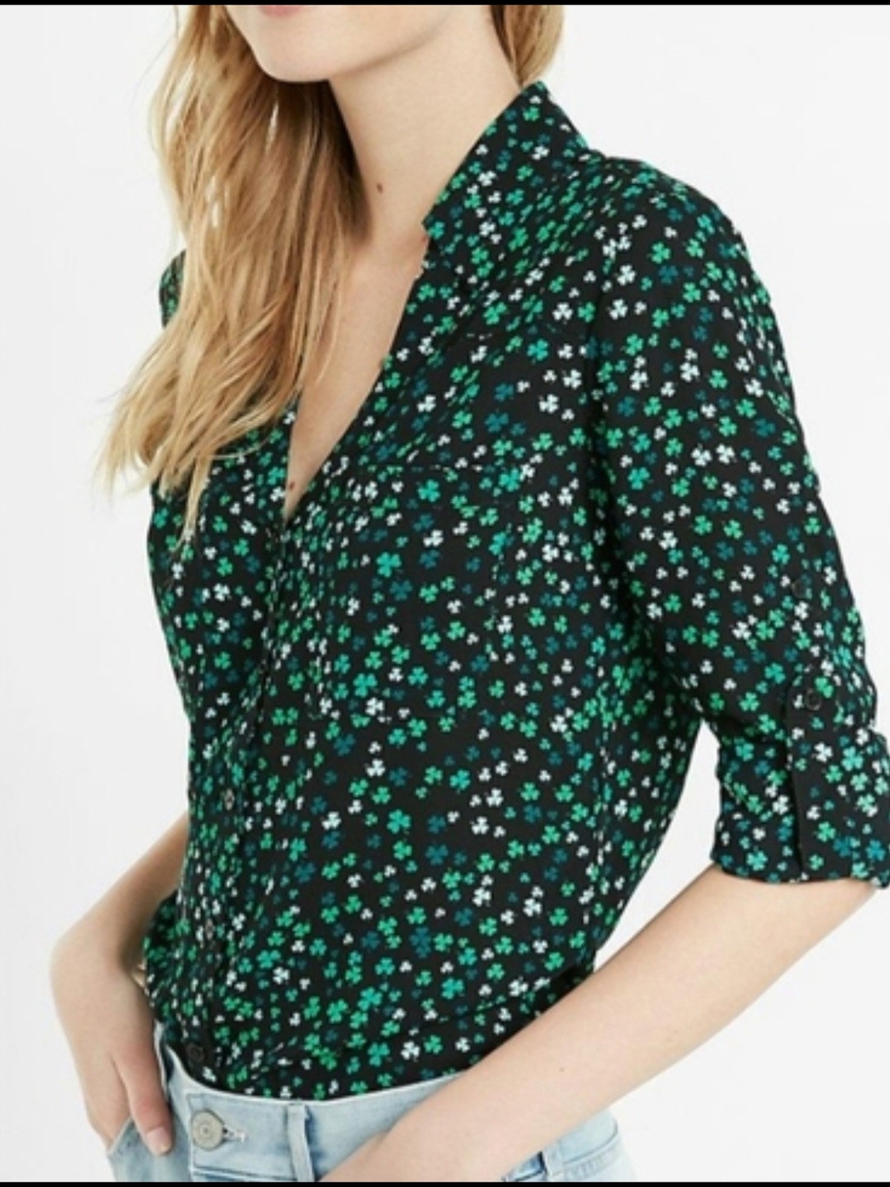 ISO Express Black Blouse with Green & White Floral Print